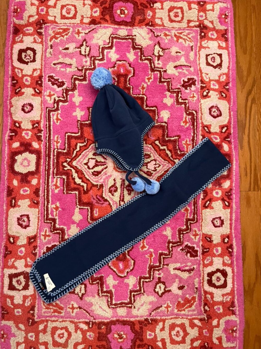 Lands' End Kid's Navy with Light Blue Trim Winter Hat with Pom and Scarf Set